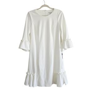 Calvin Klein White A-Line Knee Length Dress Ruffle Hem 3/4 Bell Sleeve 6 / Small